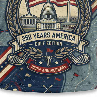 Close-up shot of the high-definition printed US Capitol Building, Washington Monument, waving stars and stripes flag backdrop, and 250 Years America typography.