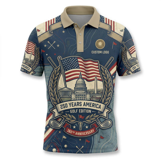 Front view of a vintage slate gray and navy USA US Capitol with Washington Monument 250 Years Golf Edition topographic golf polo shirt with custom player name option.