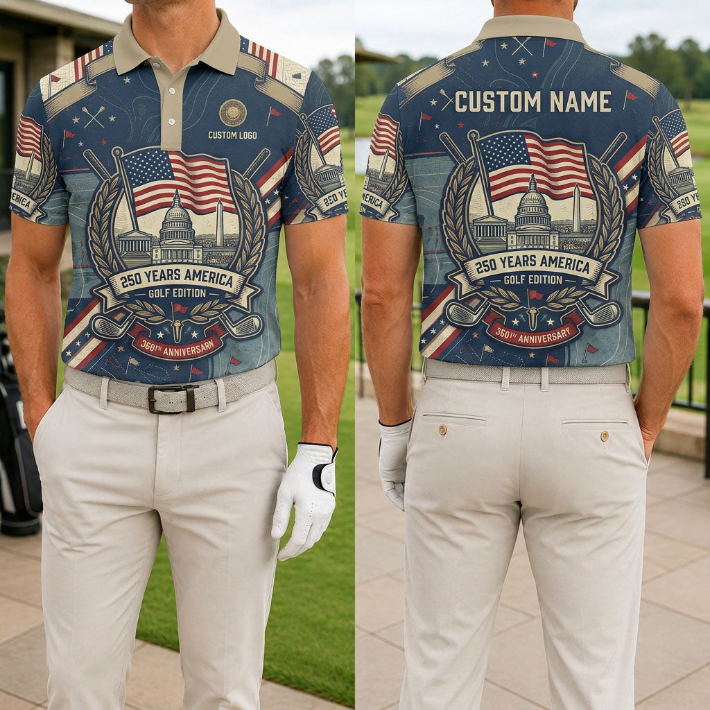 Front and back view of a personalized USA US Capitol 250th polo showing the custom name printing area on the back.