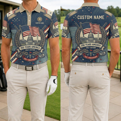 Front and back view of a personalized USA US Capitol 250th polo showing the custom name printing area on the back.