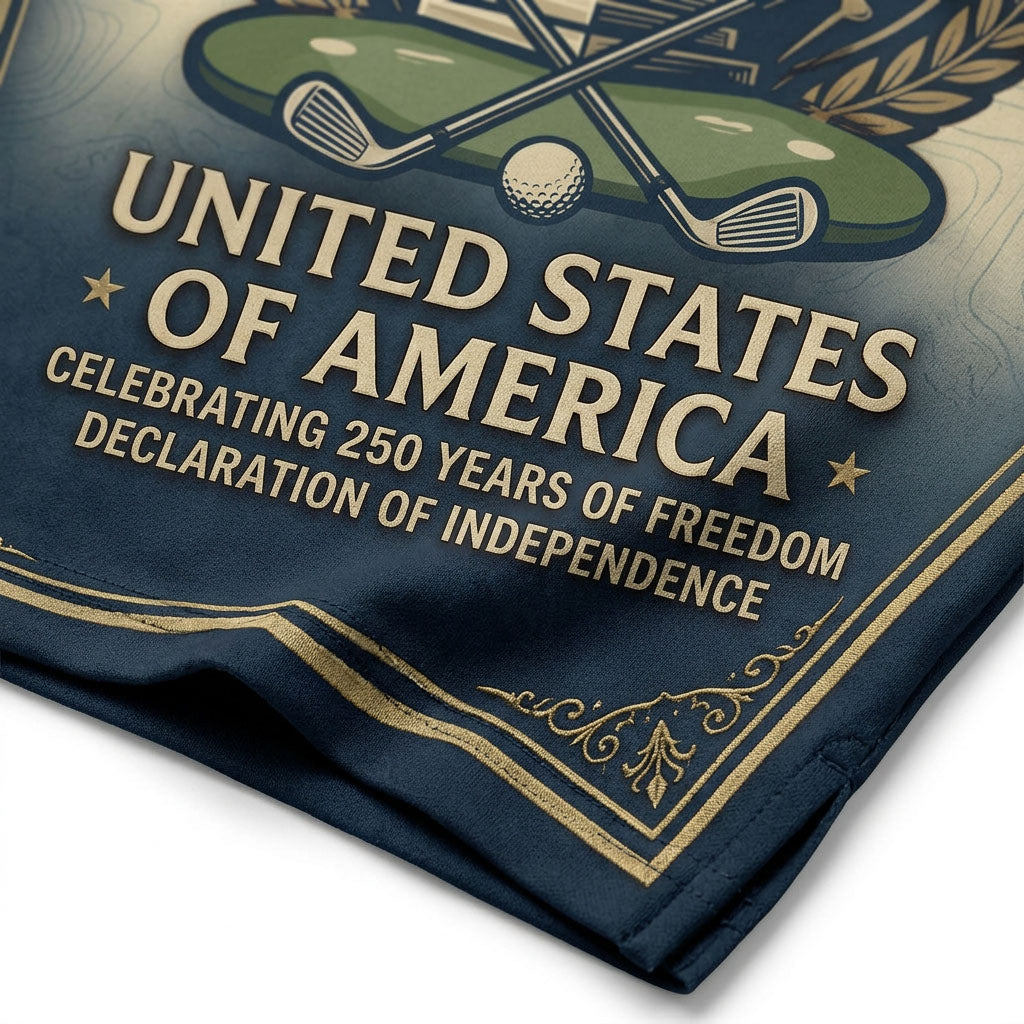 Close-up shot of the high-definition printed Washington Monument obelisk, dual waving American flags, crossed clubs, and 250th chest shield.