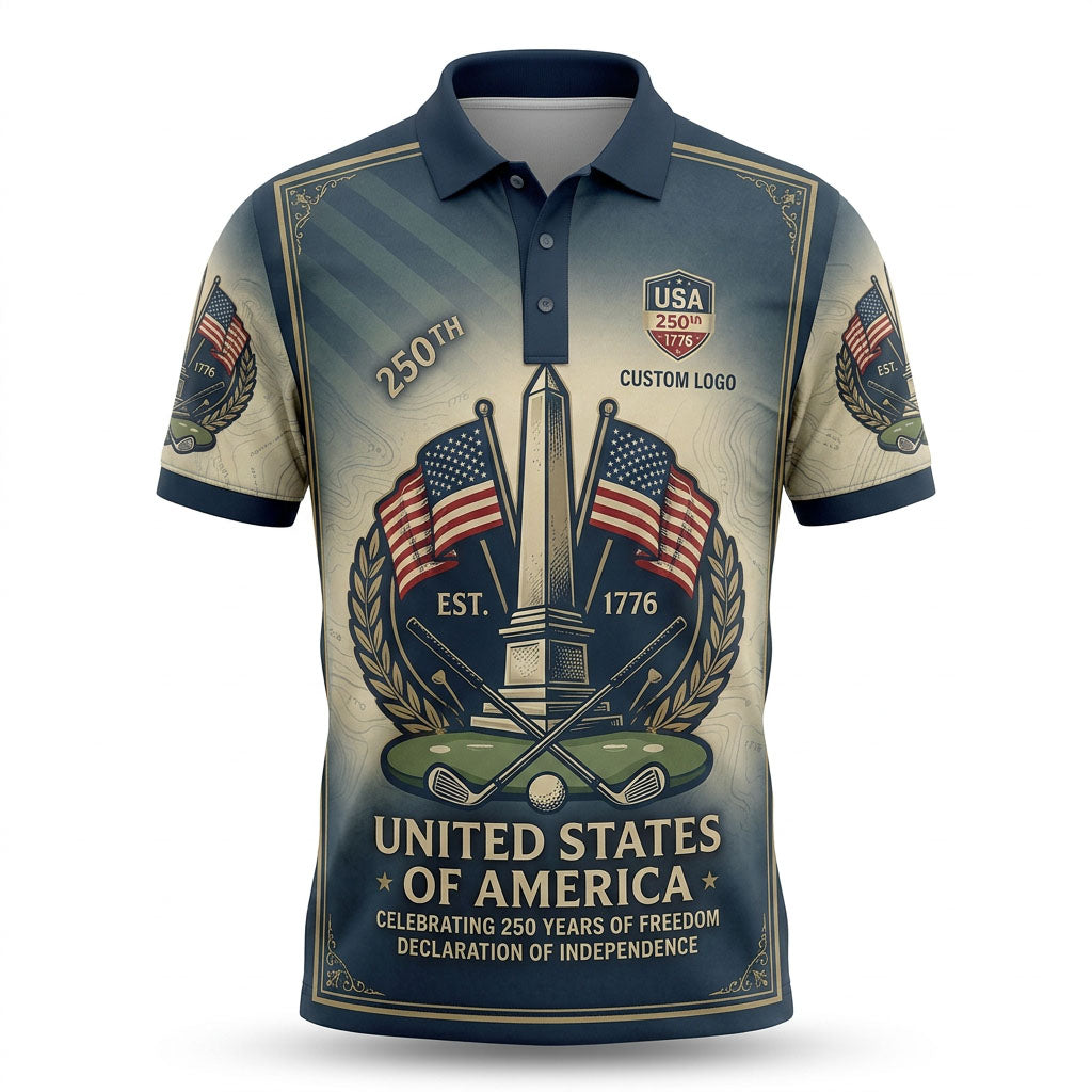 Front view of a navy and cream block USA Washington Monument 250th Anniversary topographic golf polo shirt with custom player name option badge.