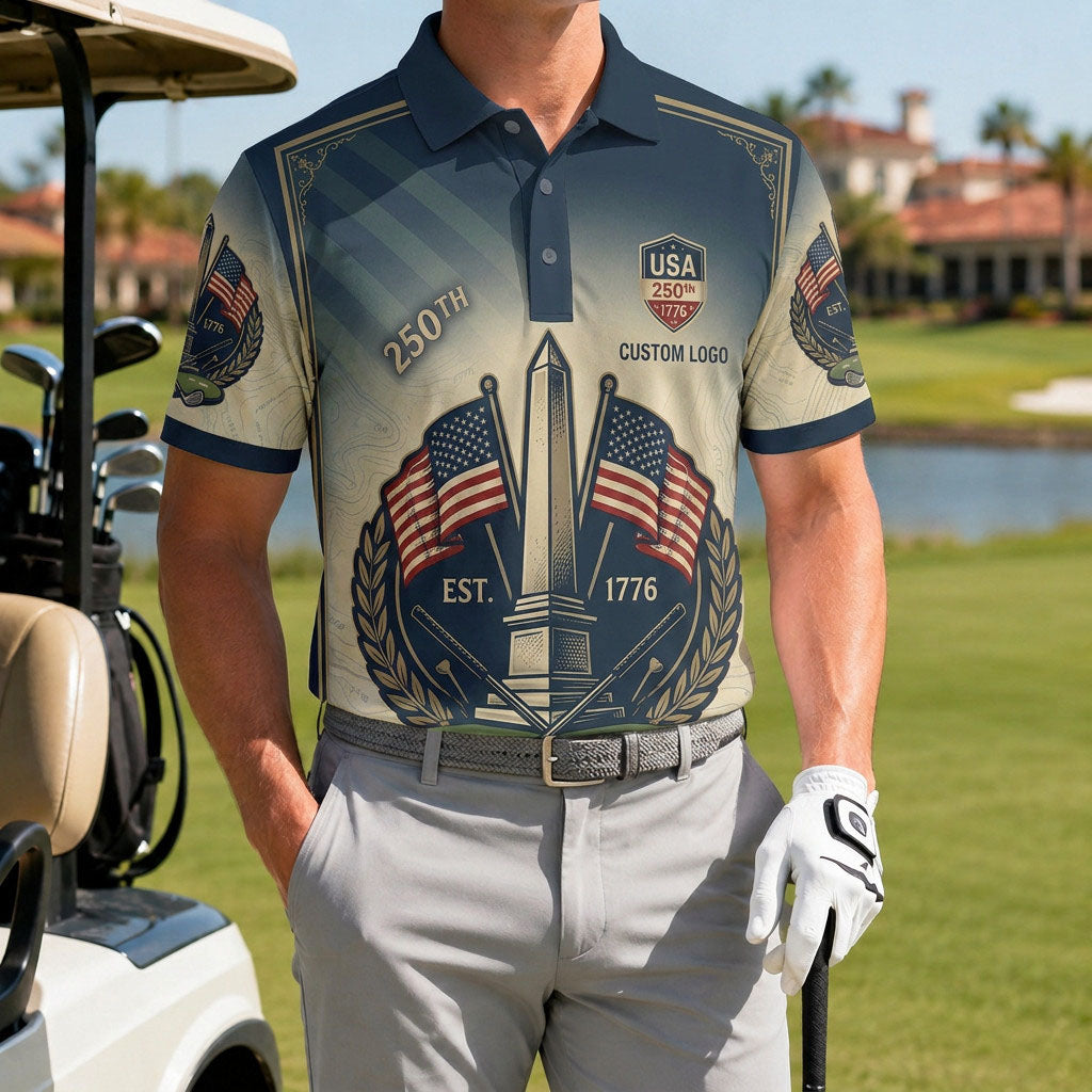 A male golfer wearing the customized USA Washington Monument performance polo standing proudly on a premium country club fairway green.