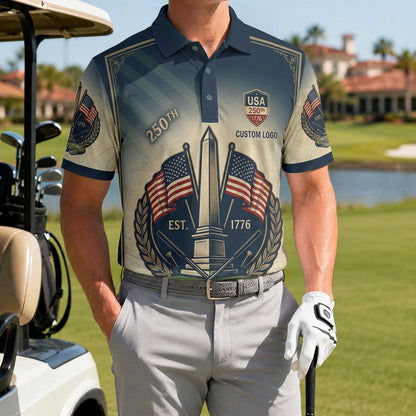 A male golfer wearing the customized USA Washington Monument performance polo standing proudly on a premium country club fairway green.