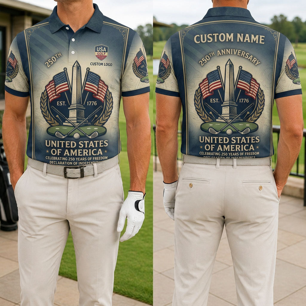Front and back view of a personalized navy and cream USA Washington Monument 250th polo showing the custom name printing area on the back.