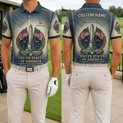 Front and back view of a personalized navy and cream USA Washington Monument 250th polo showing the custom name printing area on the back.