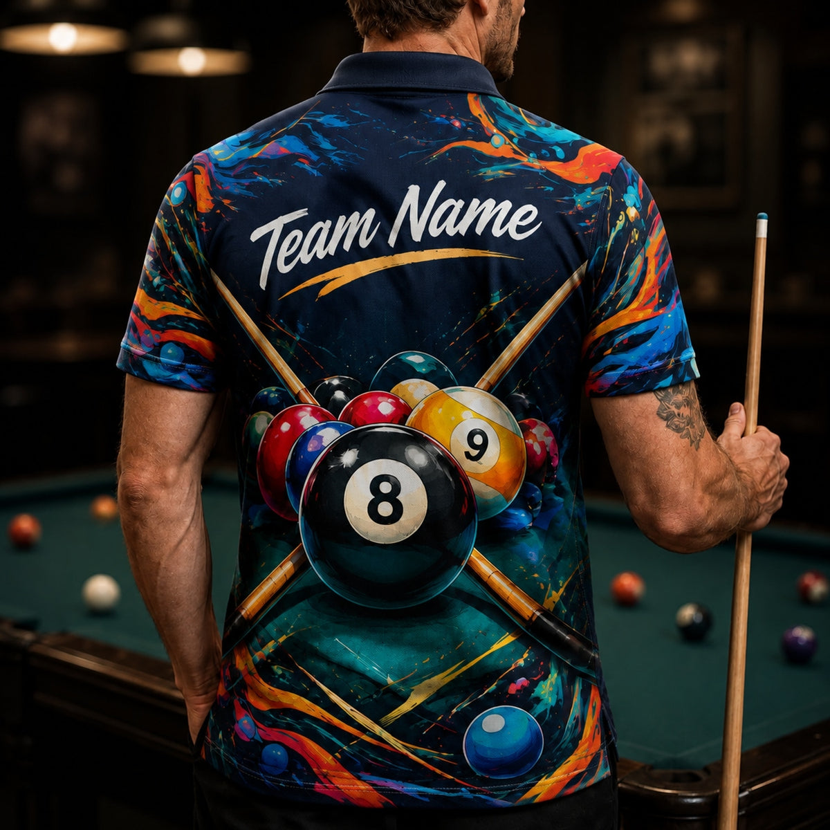 Warrior With 8 Ball Graphic Personalized Billiard Polo Shirt Back View