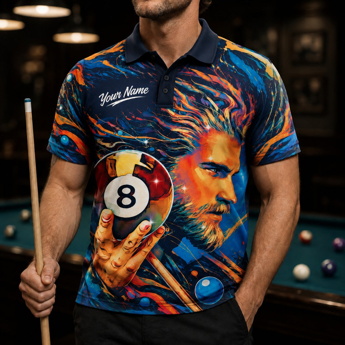 Warrior With 8 Ball Graphic Personalized Billiard Polo Shirt Front View