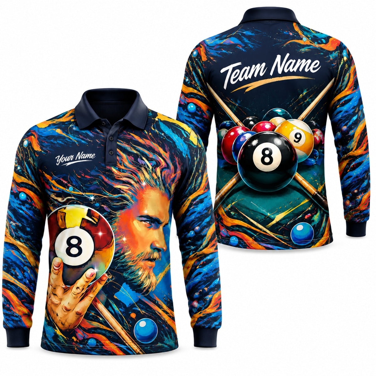 Warrior With 8 Ball Graphic Personalized Billiard Polo Shirt Long Sleeve Polo
