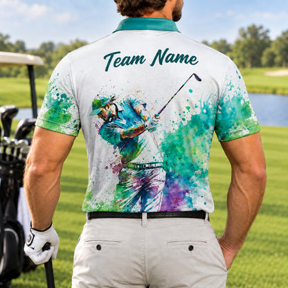 Watercolor Golfer Swing Graphic Personalized Golf Polo Shirt Back View