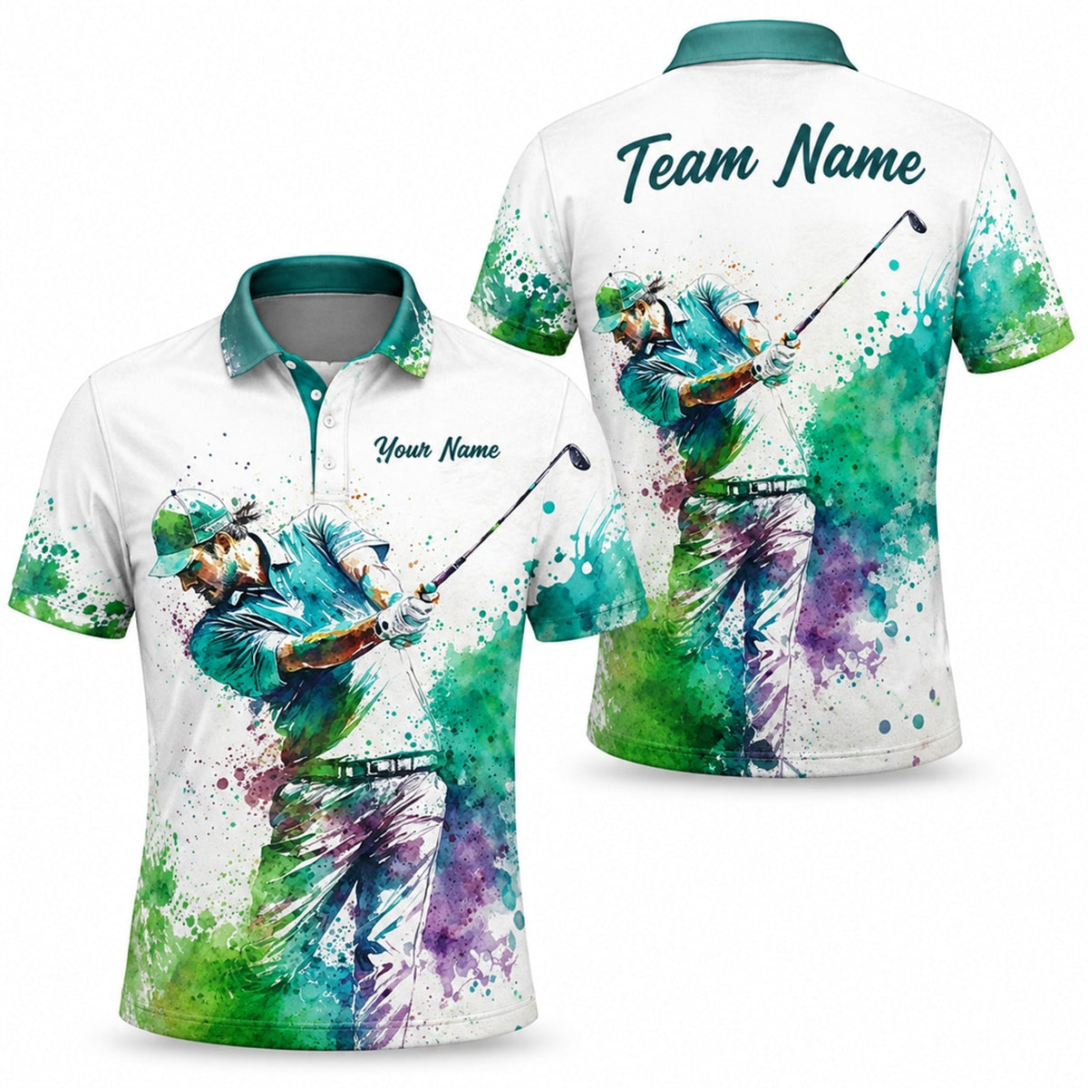 Watercolor Golfer Swing Graphic Personalized Golf Polo Shirt