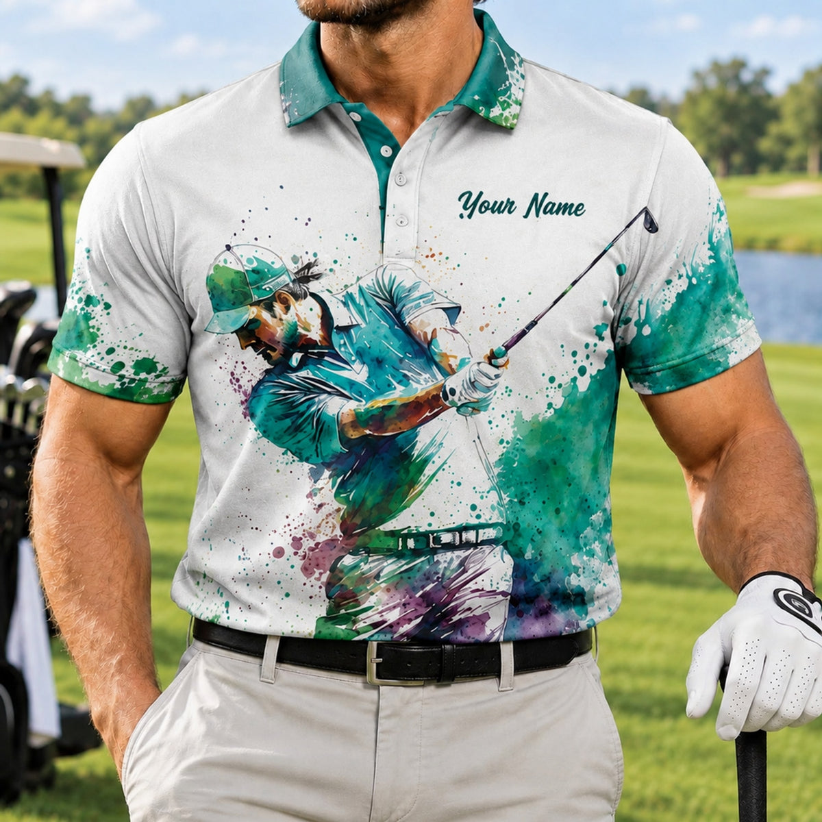 Watercolor Golfer Swing Graphic Personalized Golf Polo Shirt Front View