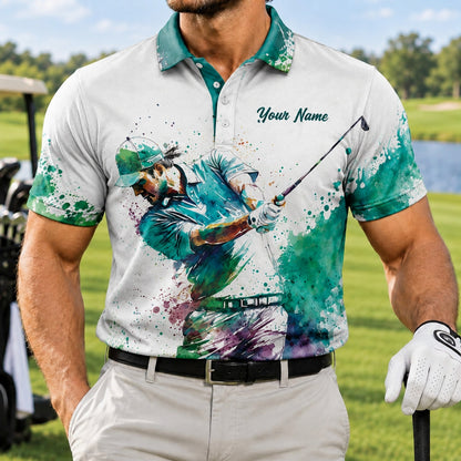 Watercolor Golfer Swing Graphic Personalized Golf Polo Shirt Front View