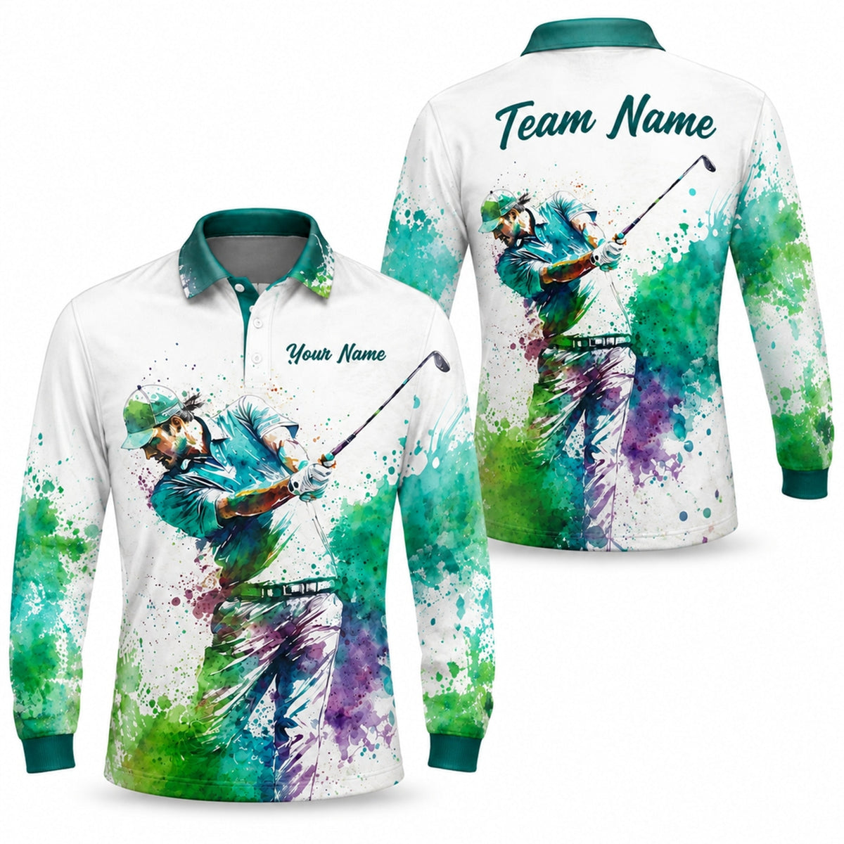 Watercolor Golfer Swing Graphic Personalized Golf Polo Shirt Long Sleeve Polo