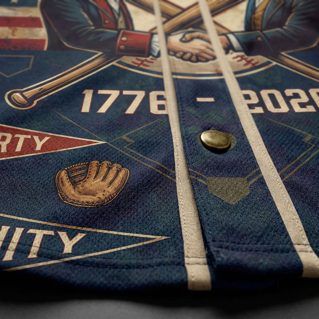 Detailed closeup of the patriotic handshake graphic and button detail