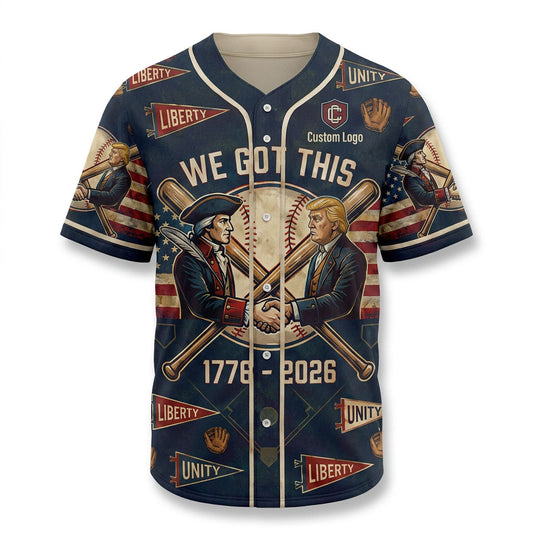 Flatlay presentation of the patriotic We Got This baseball jersey