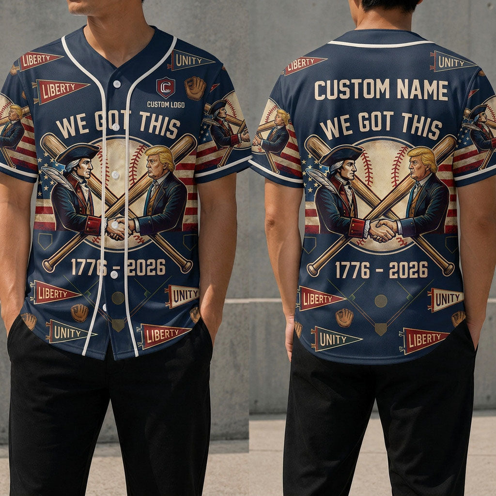 Front and back view of the custom We Got This baseball jersey