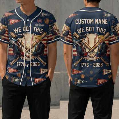 Front and back view of the custom We Got This baseball jersey