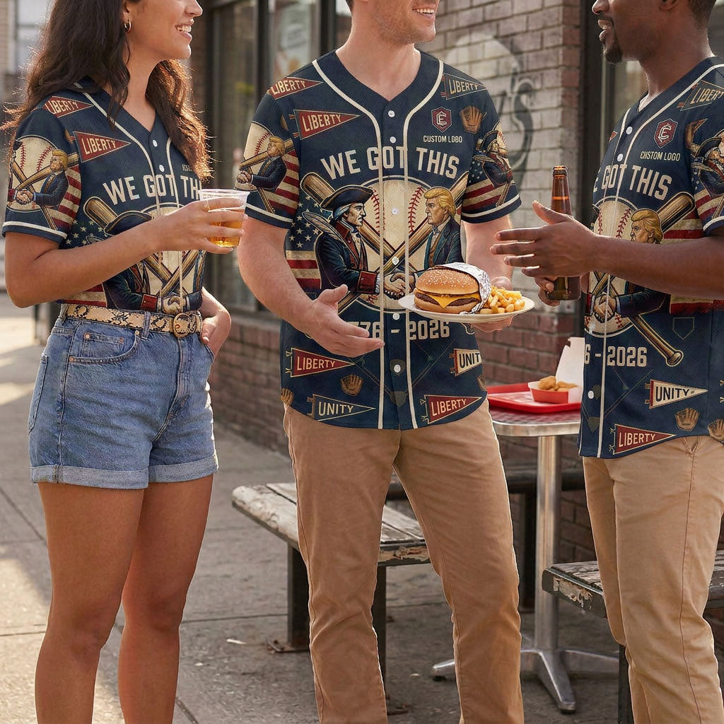 Group of people wearing We Got This baseball jerseys outdoors