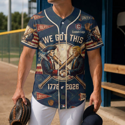 Model wearing a We Got This baseball jersey at a ball field