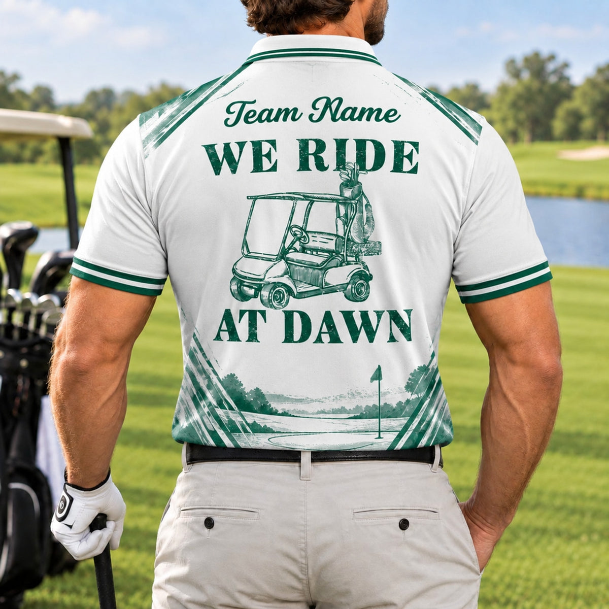 We Ride At Dawn Golf Humor Personalized Golf Polo Shirt Back View