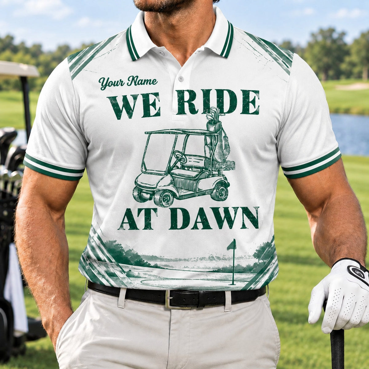 We Ride At Dawn Golf Humor Personalized Golf Polo Shirt Front View