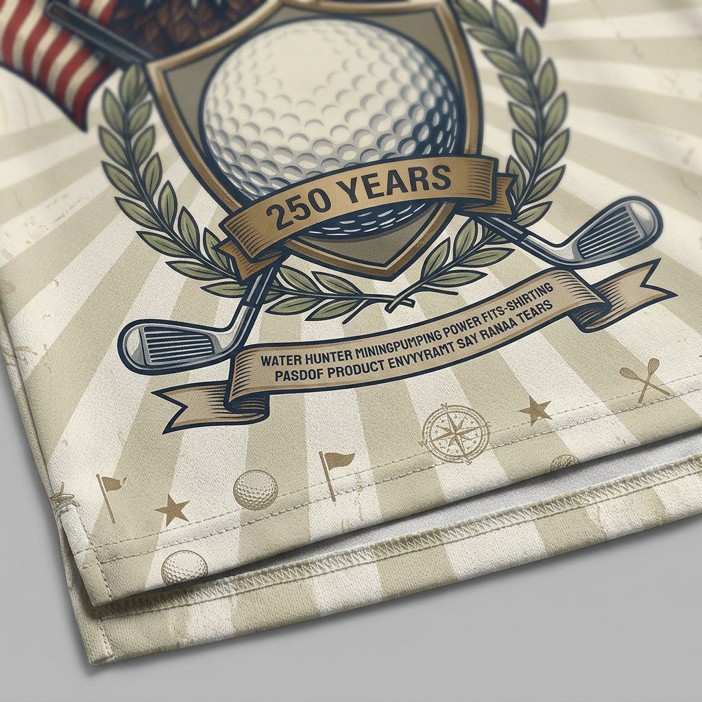 Close-up of American eagle and We The People graphic on golf polo