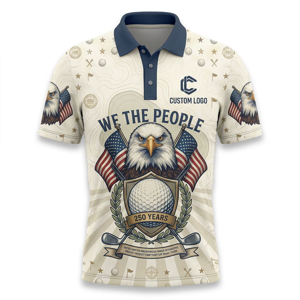 Flatlay of patriotic We The People USA eagle golf shirt