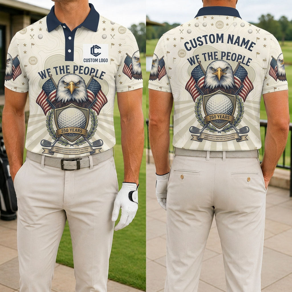 Front and back view of We The People USA eagle custom golf polo