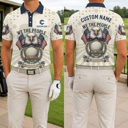 Front and back view of We The People USA eagle custom golf polo