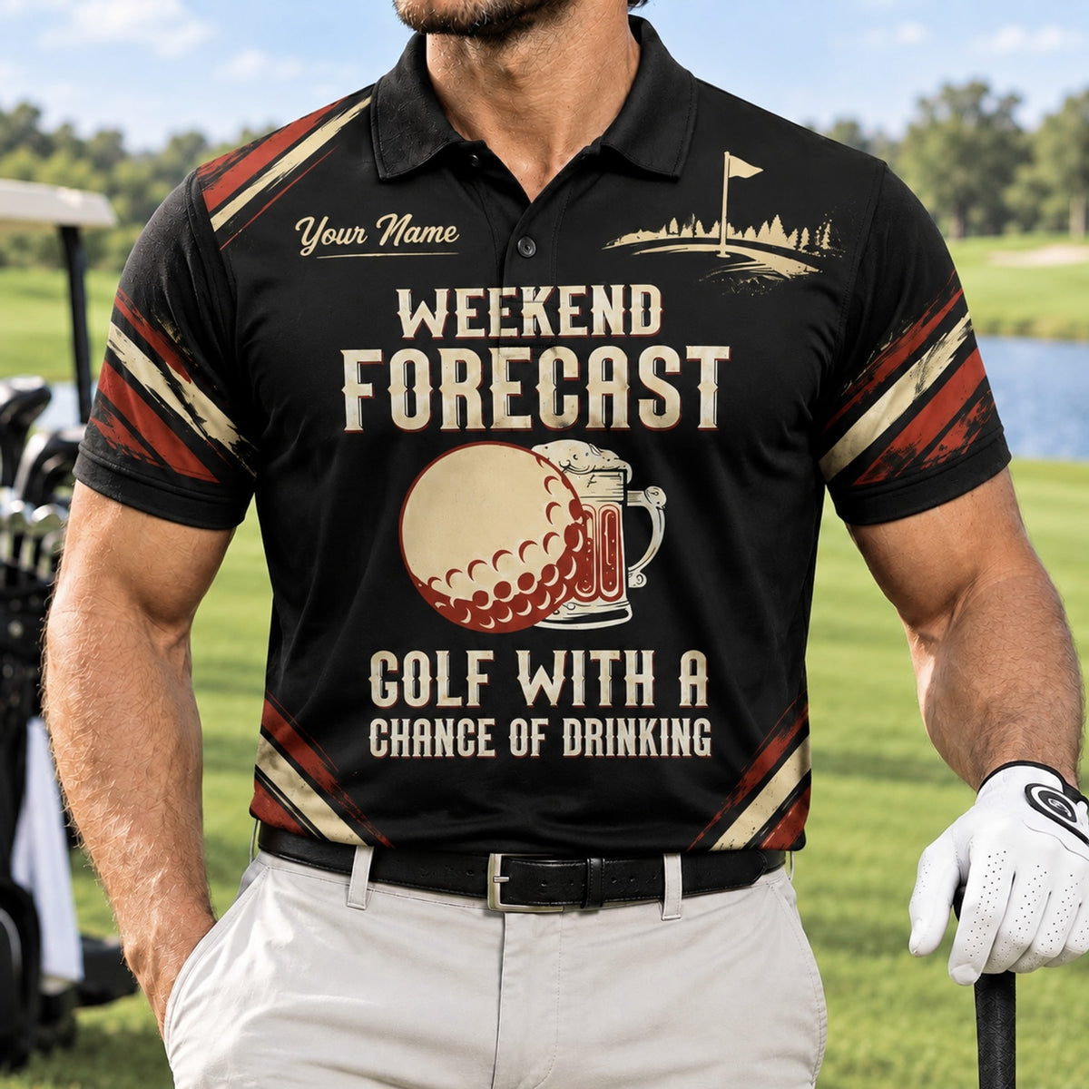 Weekend Forecast Golf With A Chance Of Drinking Funny Custom Golf Polo Shirt Front View