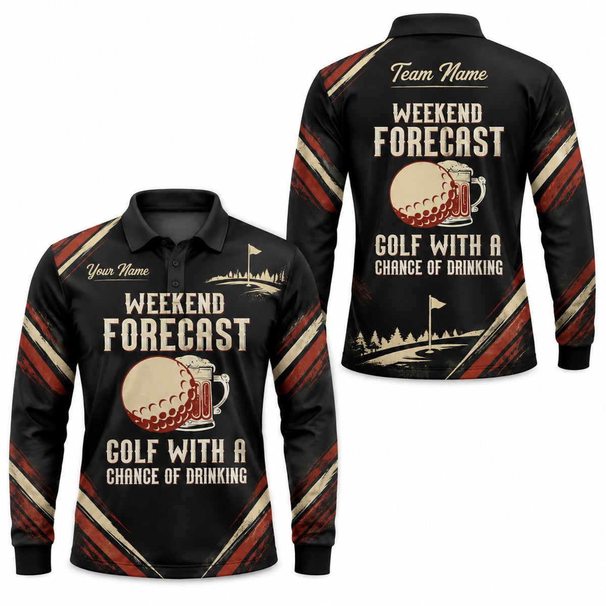 Weekend Forecast Golf With A Chance Of Drinking Funny Custom Golf Polo Shirt Long Sleeve Polo