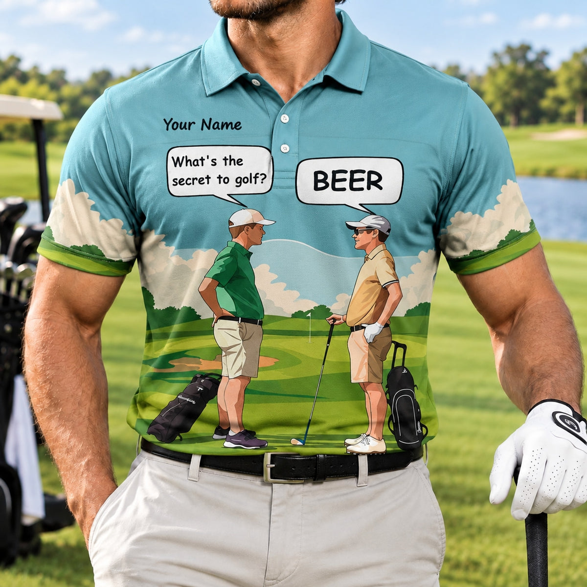 What's The Secret To Golf Beer Golf Humor Personalized Golf Polo Shirt Front View