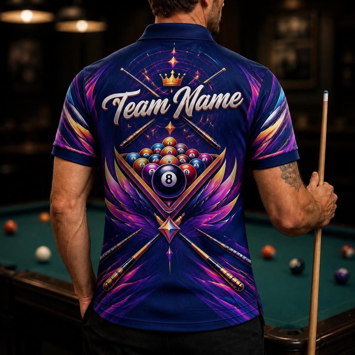 Winged 8 Ball Crown Sport Personalized Billiard Polo Shirt Back View
