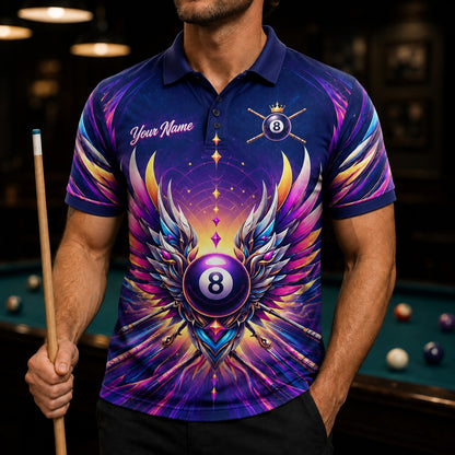 Winged 8 Ball Crown Sport Personalized Billiard Polo Shirt Front View