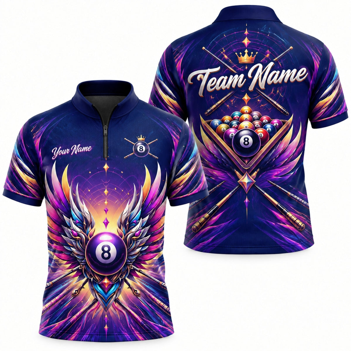 Winged 8 Ball Crown Sport Personalized Billiard Polo Shirt Jersey Zip 1 4 Collar
