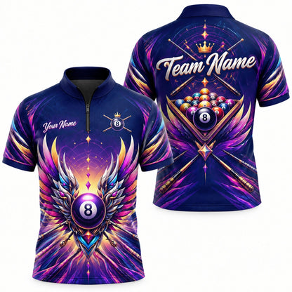 Winged 8 Ball Crown Sport Personalized Billiard Polo Shirt Jersey Zip 1 4 Collar