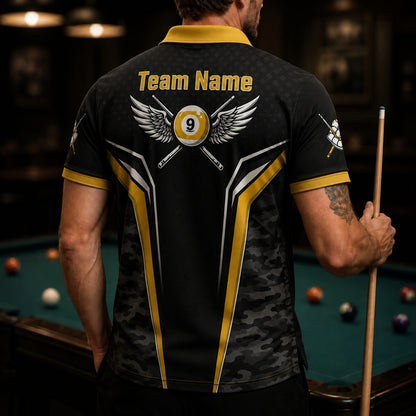 Winged 9 Ball Billiards Sport Personalized Billiard Polo Shirt Back View