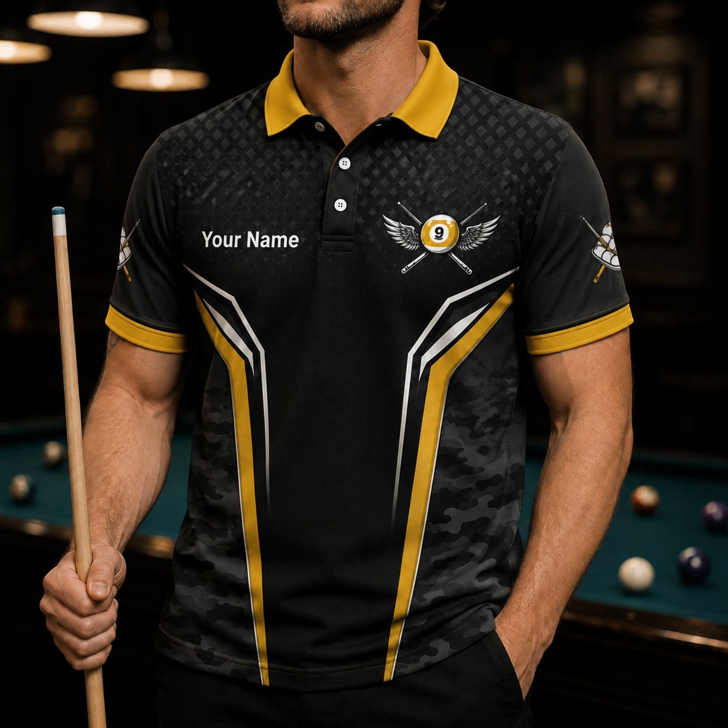 Winged 9 Ball Billiards Sport Personalized Billiard Polo Shirt Front View