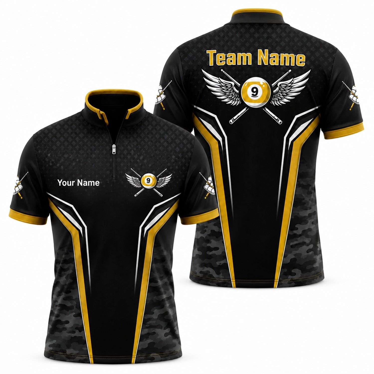 Winged 9 Ball Billiards Sport Personalized Billiard Polo Shirt Jersey Zip 1 4 Collar