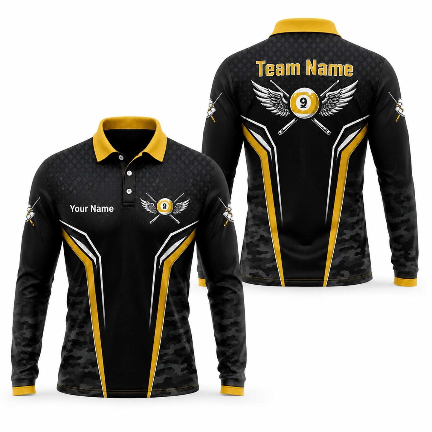 Winged 9 Ball Billiards Sport Personalized Billiard Polo Shirt Long Sleeve Polo
