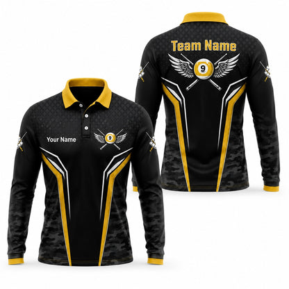Winged 9 Ball Billiards Sport Personalized Billiard Polo Shirt Long Sleeve Polo
