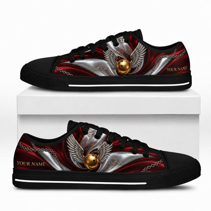 Winged Bowling Ball Graphic Personalized Low Top Shoes Box Black