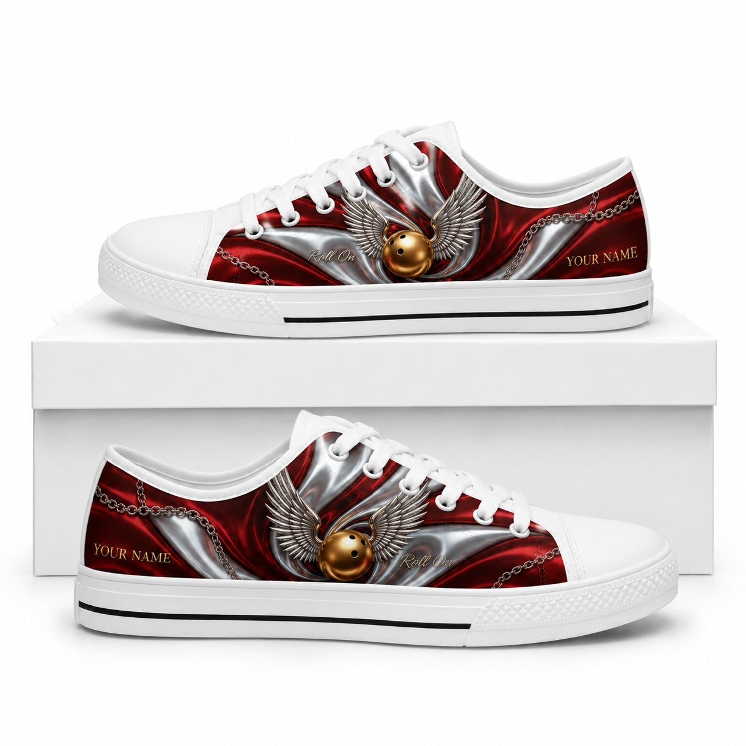Winged Bowling Ball Graphic Personalized Low Top Shoes Box White