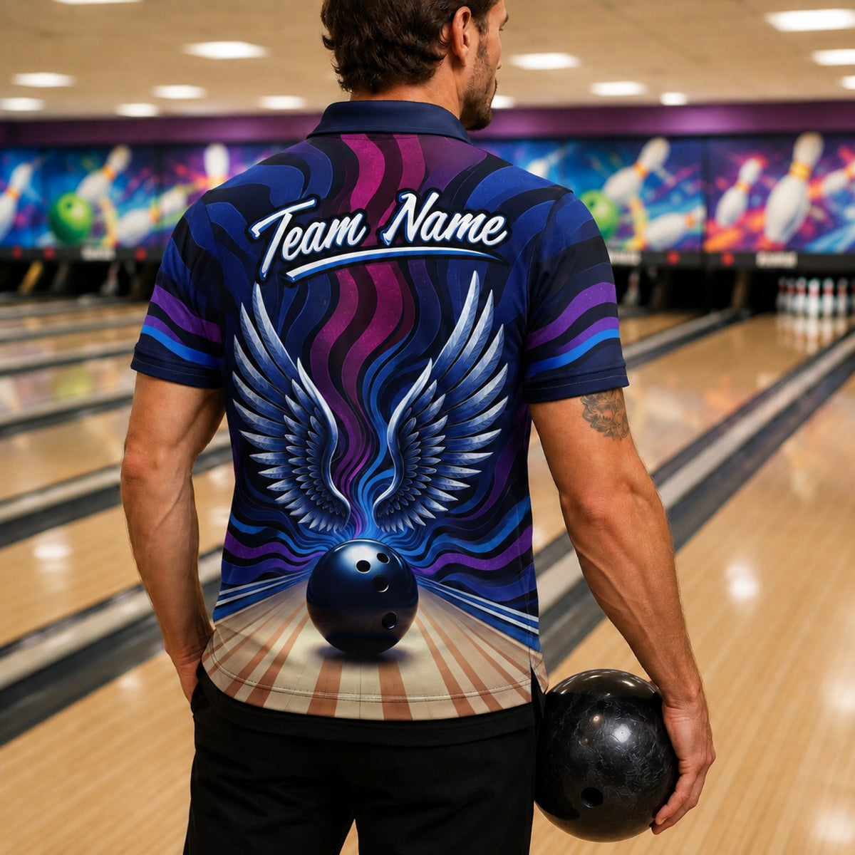 Winged Bowling Ball Sport Personalized Bowling Polo Shirt Back View