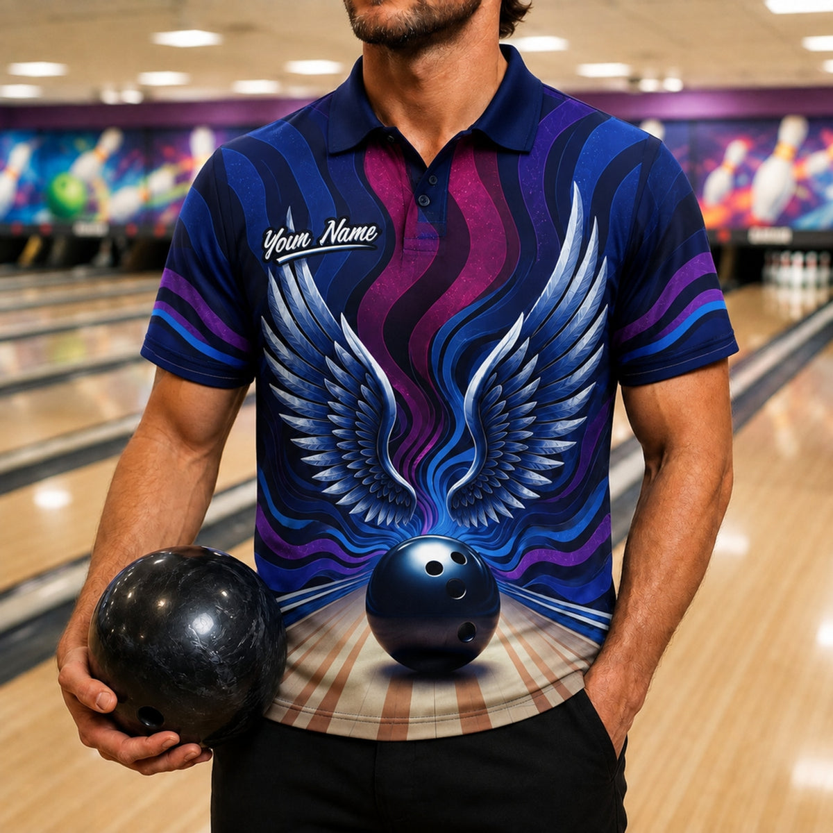 Winged Bowling Ball Sport Personalized Bowling Polo Shirt Front View