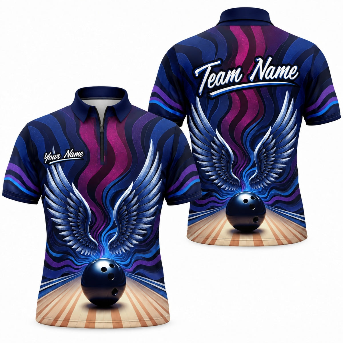 Winged Bowling Ball Sport Personalized Bowling Polo Shirt Jersey Zip 1 4 Collar