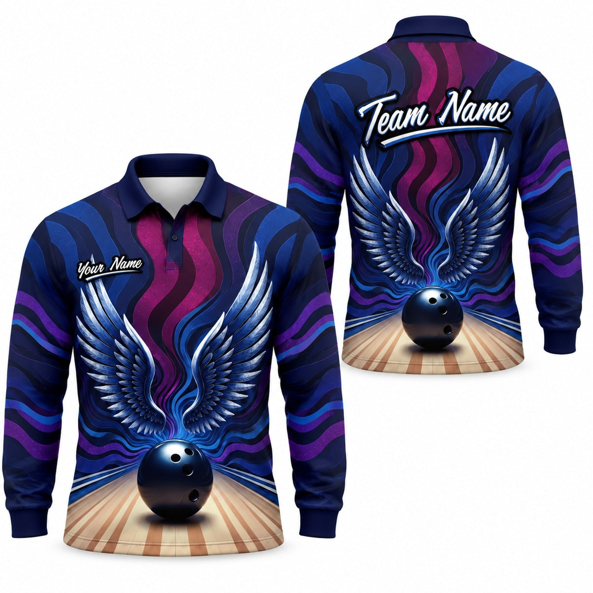 Winged Bowling Ball Sport Personalized Bowling Polo Shirt Long Sleeve Polo