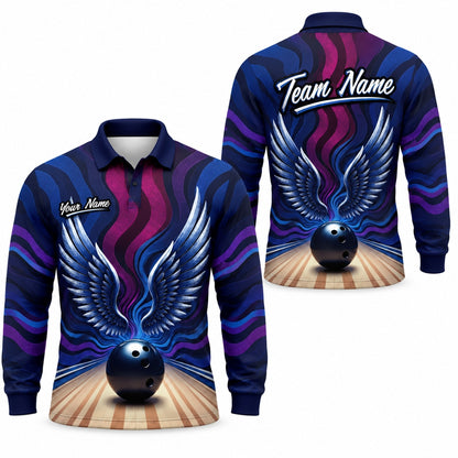 Winged Bowling Ball Sport Personalized Bowling Polo Shirt Long Sleeve Polo