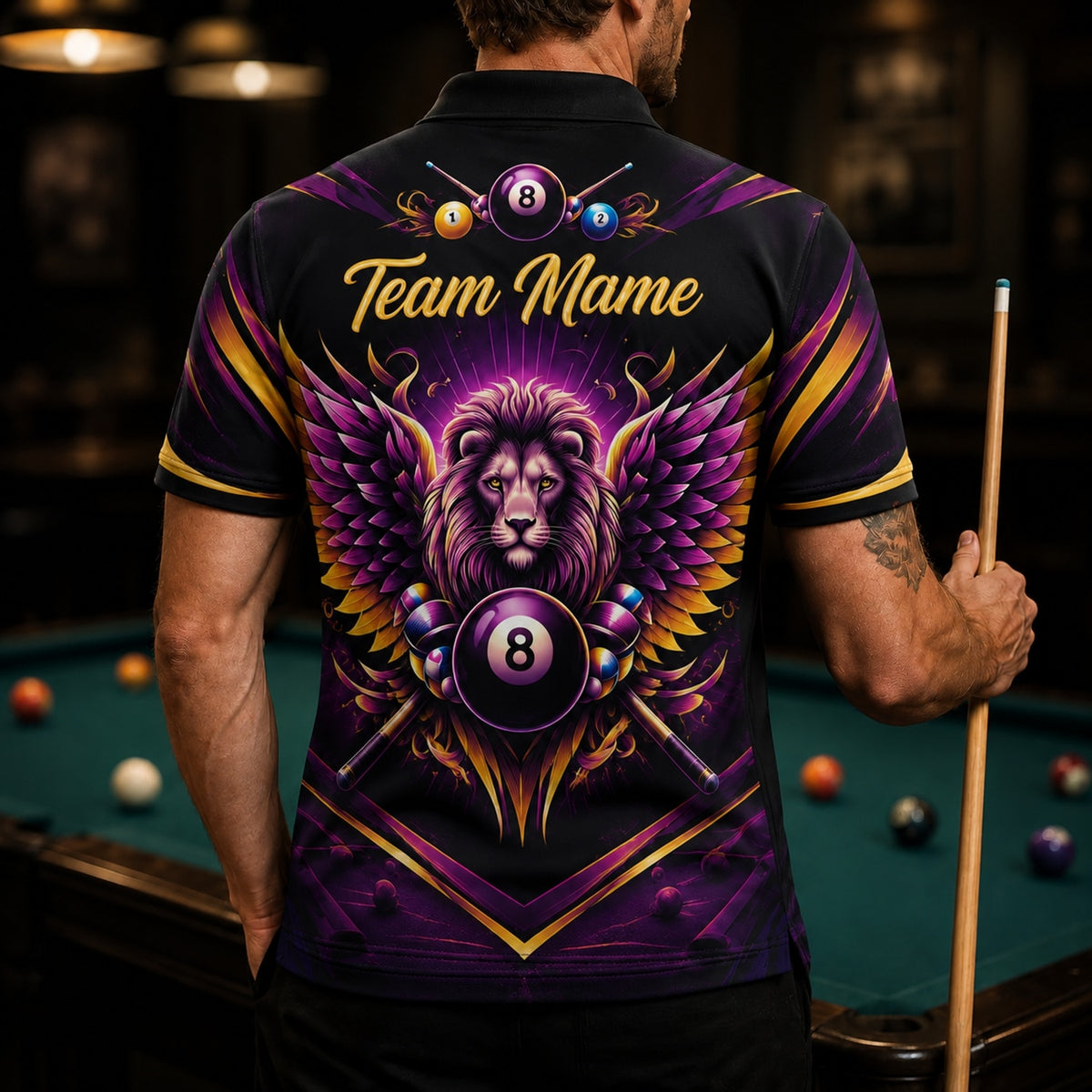 Winged Lion 8 Ball Graphic Personalized Billiard Polo Shirt Back View